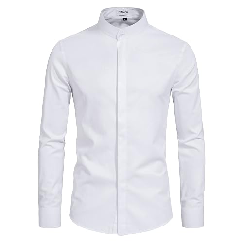VANCOOG Men's Banded Collar Long Sleeve Casual Interview Formal Subdeued Office Dress Shirt-White-2XL