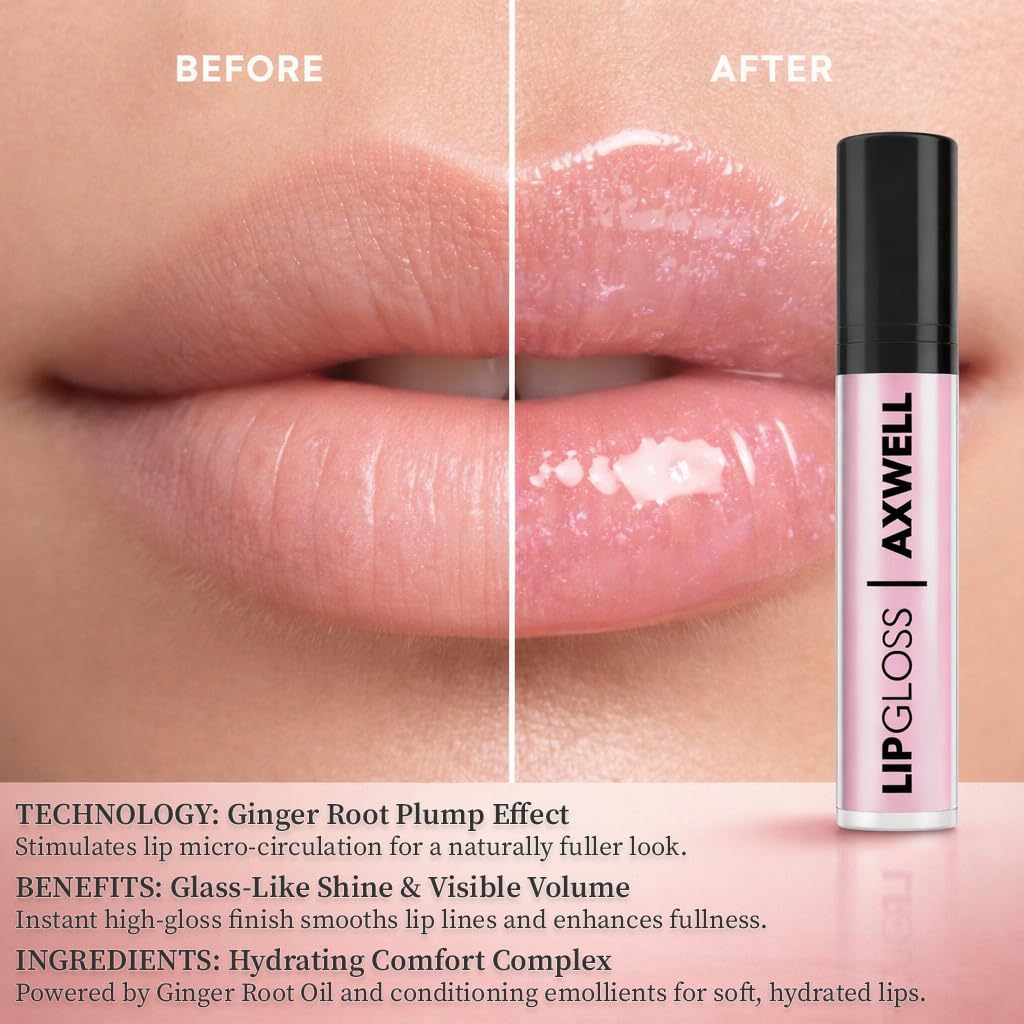 Axwell Lip Plumper Gloss – Volumizing & Hydrating Lip Care with Ginger Oil – High Shine & Non-Sticky Formula for Fuller Looking Lips – Glassy Finish & Soft Feel (0.27 fl oz)