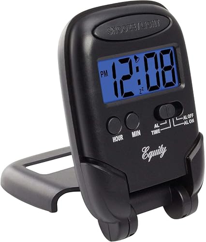 Equity - Reloj despertador de viaje plegable con pantalla LCD con retroiluminación azul, 3.85 pulgadas de largo x 2.50 pulgadas de ancho x 4.00