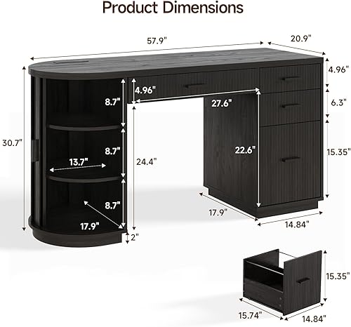 Miniatura 2 de ONBRILL Escritorio ejecutivo acanalado de 58 pulgadas, escritorio para computadora con cajones de almacenamiento y cajón de archivos, moderno