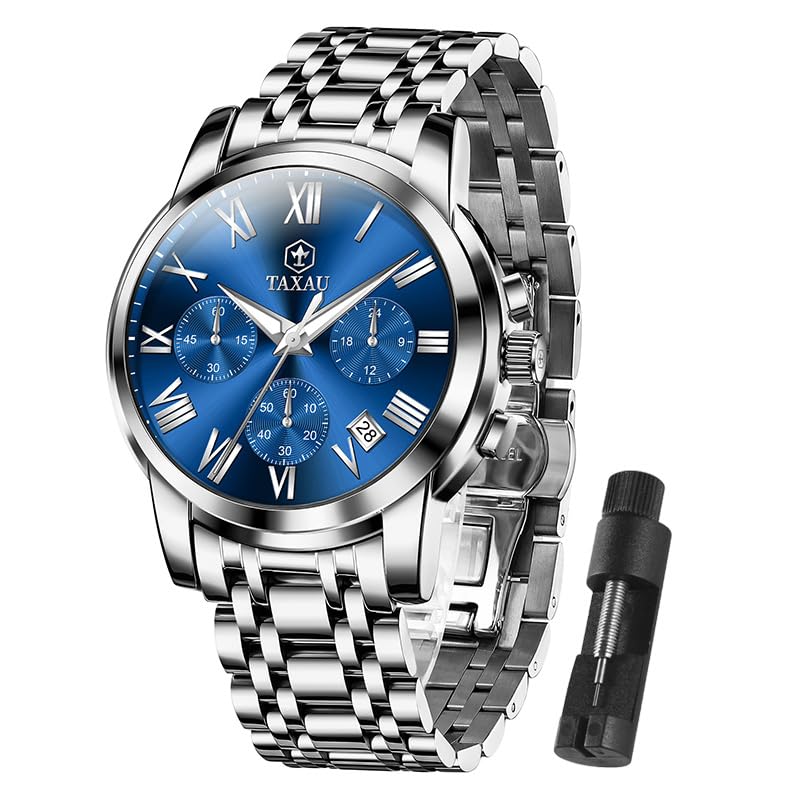 Taxau Silver Classic Watch Blue Face for Men Dress Waterproof Stainless Steel Dainty Adjustable Chronograph Watch Relojes para Hombres