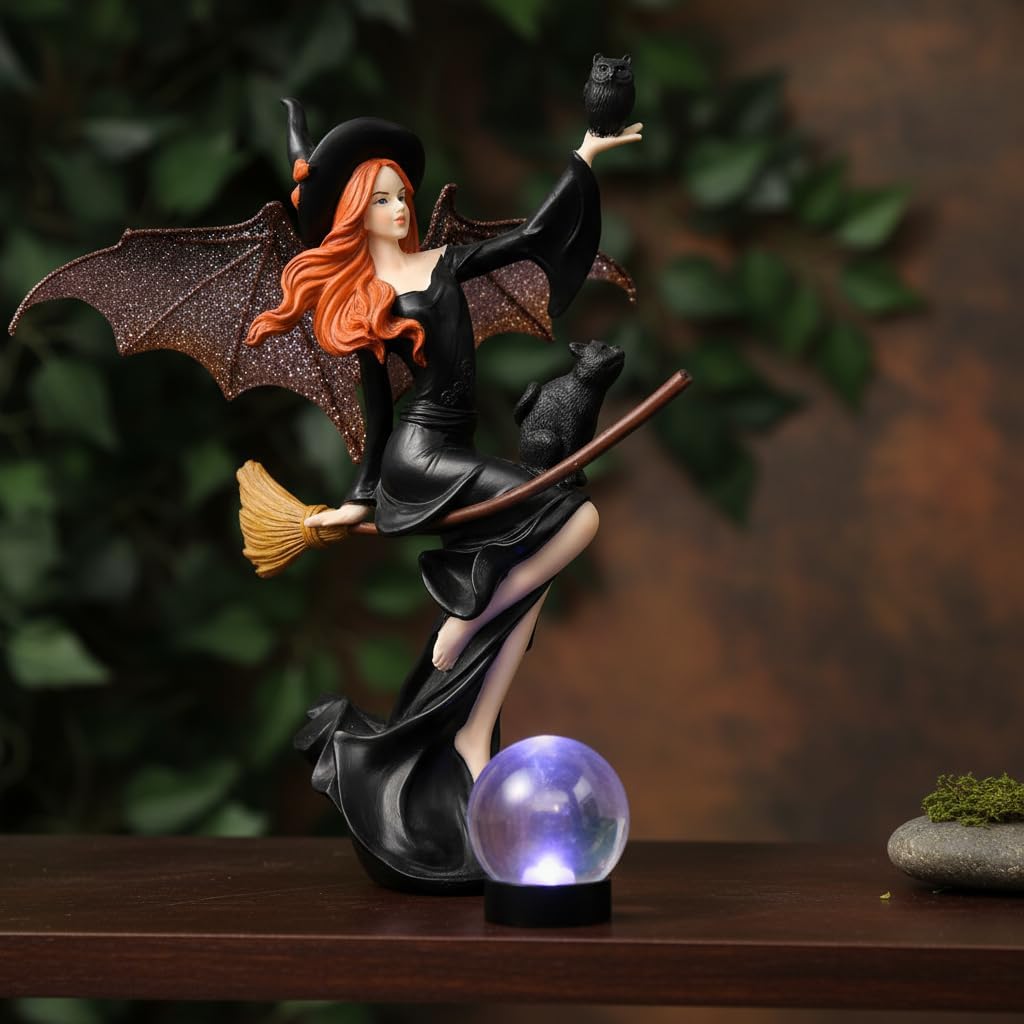 Comfy Hour 9" Dark Fairy Witch Figurine on Broom, Fantasy Sorceress with Black Cat Statue, Mystical Home Office Desktop Decor Accent, Polyresin Artisan Crafted Sculpture, 1 Piece