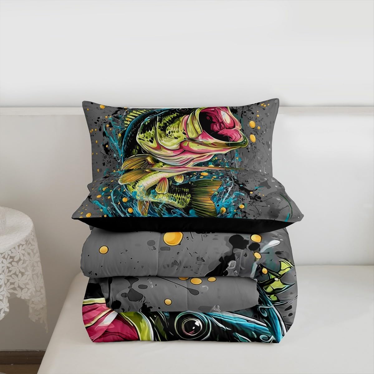 Erosebridal Teens Hunting and Fishing Bedding Set, Fishing Queen Comforter Set, Big Pike Fish Comforter Ocean Life Tie Dye Quilt with 2 Pillowcases for Kids Boys Youth Men Lake Cabin Decor