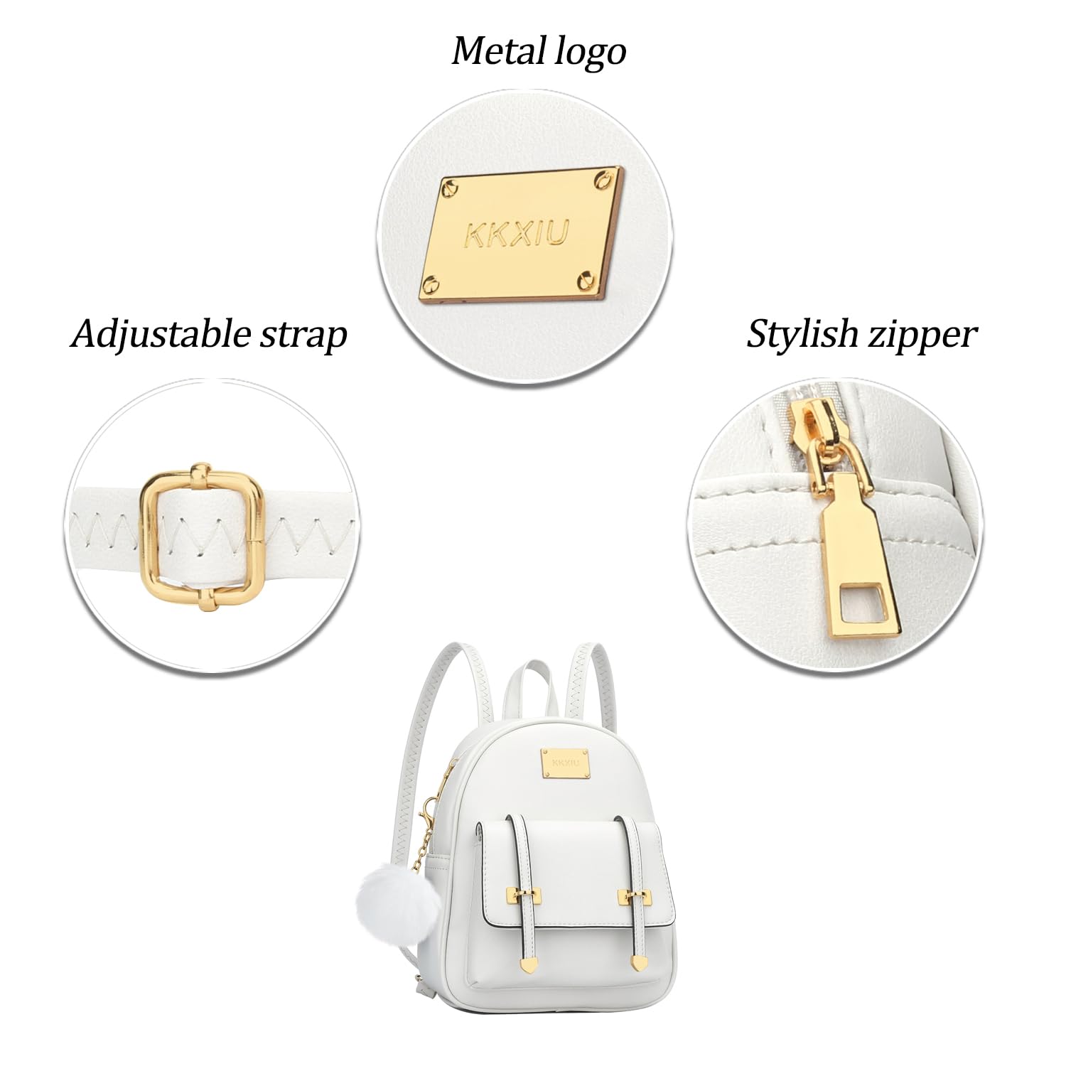 KKXIU Girls Small Backpack Purse Vegan Leather Mini Bookbag for Women Cute Teen Pompom Daypack (White)