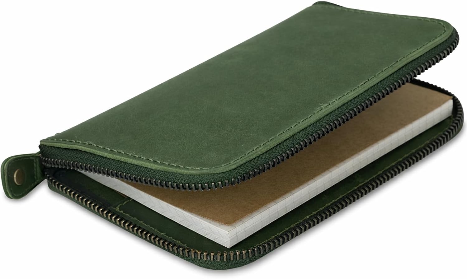 Zippered Leather Journal Cover Compatible with Moleskine Cahier TWONE Original Kraft Elan Pitch Pocket Size 3.5 x 5.5 for Field Notes Notebook Memo Books with Pen Holder Handmade (Green)