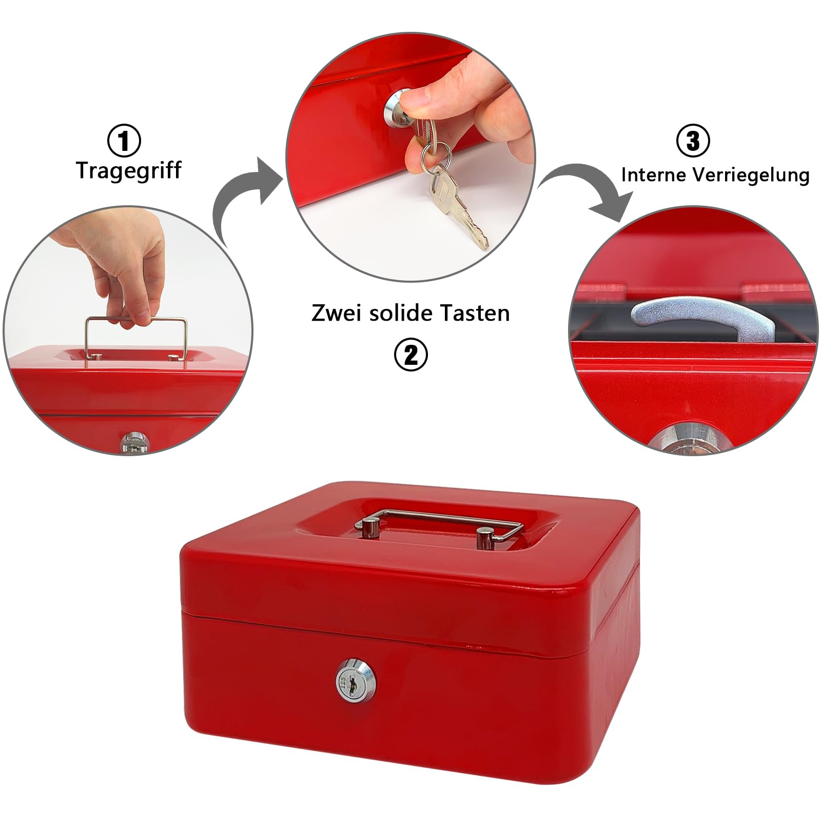 Stahlkassette mit Schlüsselschloss, Metall-Geldkassette mit Geldfach, Geldaufbewahrungsbox mit abschließbarem Deckel (Rot, 20 * 16 * 8.5 CM)