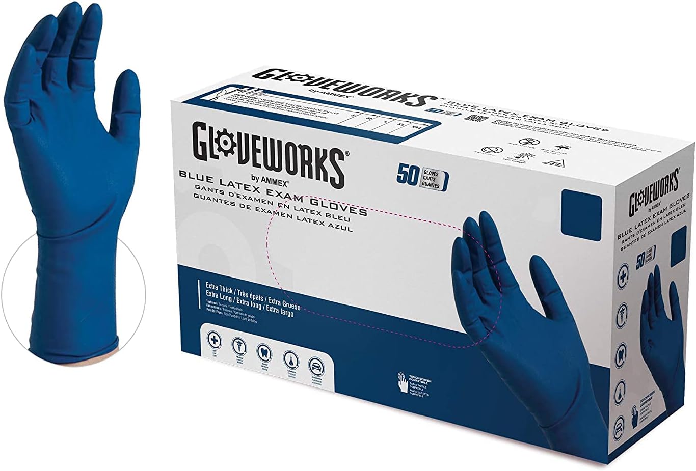 HD Medical Blue Latex Gloves, Box of 50, 13 Mil, Size Large, 12 Inches Long, Powder Free, Textured, Disposable, Non-Sterile, GPLHD86100BX