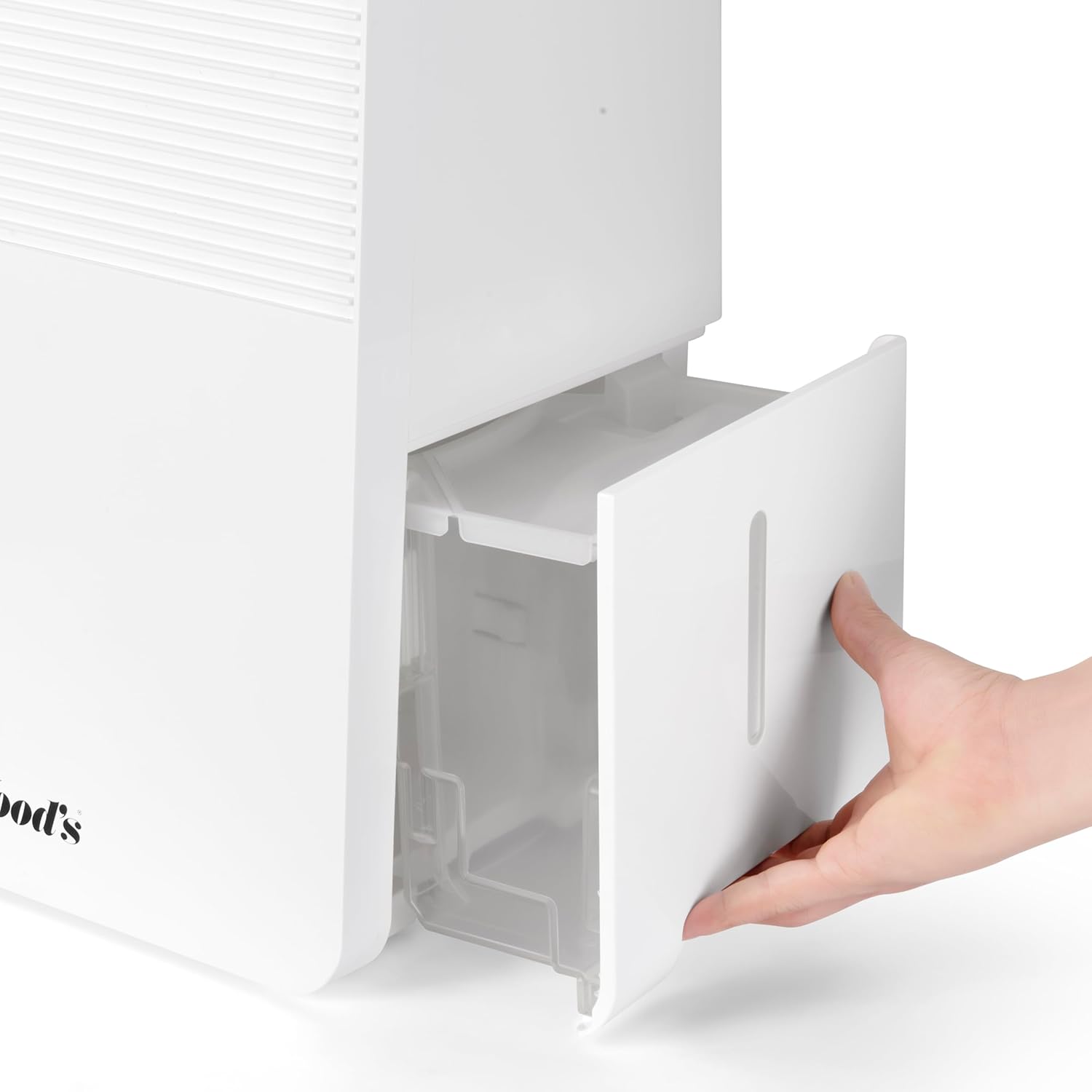 Hand removing water tank from Wood's MDK 11 Dehumidifier