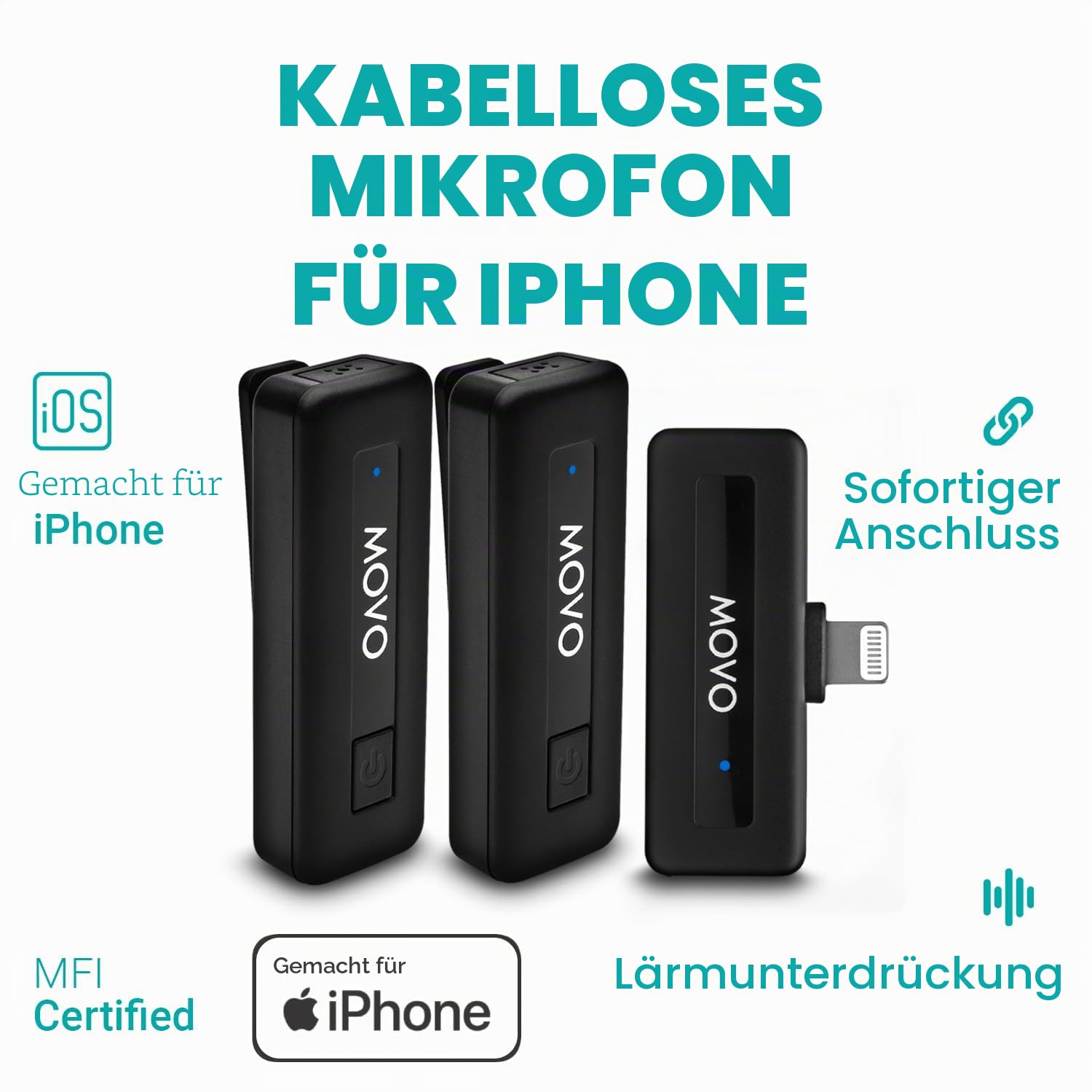 Movo Wireless Mini-Duo Ultrakompaktes Dual Mikrofon für iPhone - Clip-On Lavalier, 10 Std. Akku, 50 m Reichweite, Geräuschunterdrückung, Lightning - für Videoaufnahmen