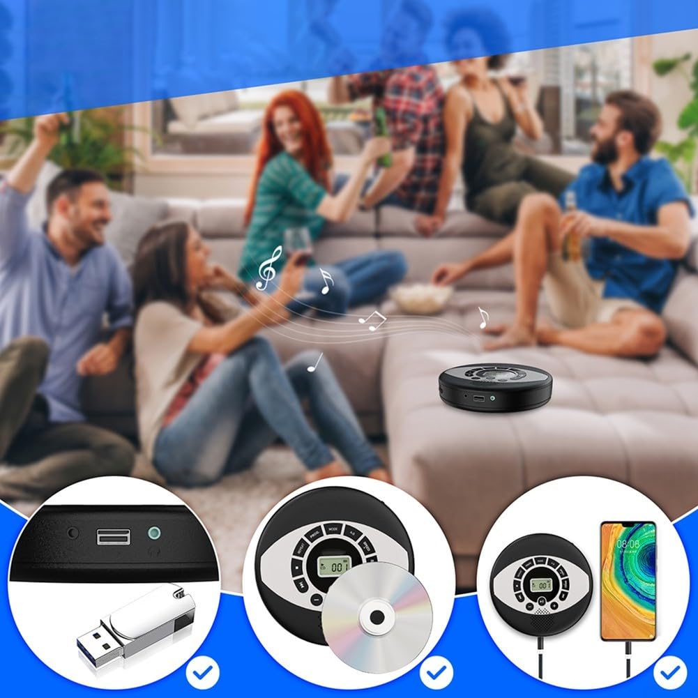 Anti Skip Lettore CD Portatile Ricaricabile per Batteria Doppio Altoparlante USB Riproduzione MP3 per Auto Giardino 24x20cm