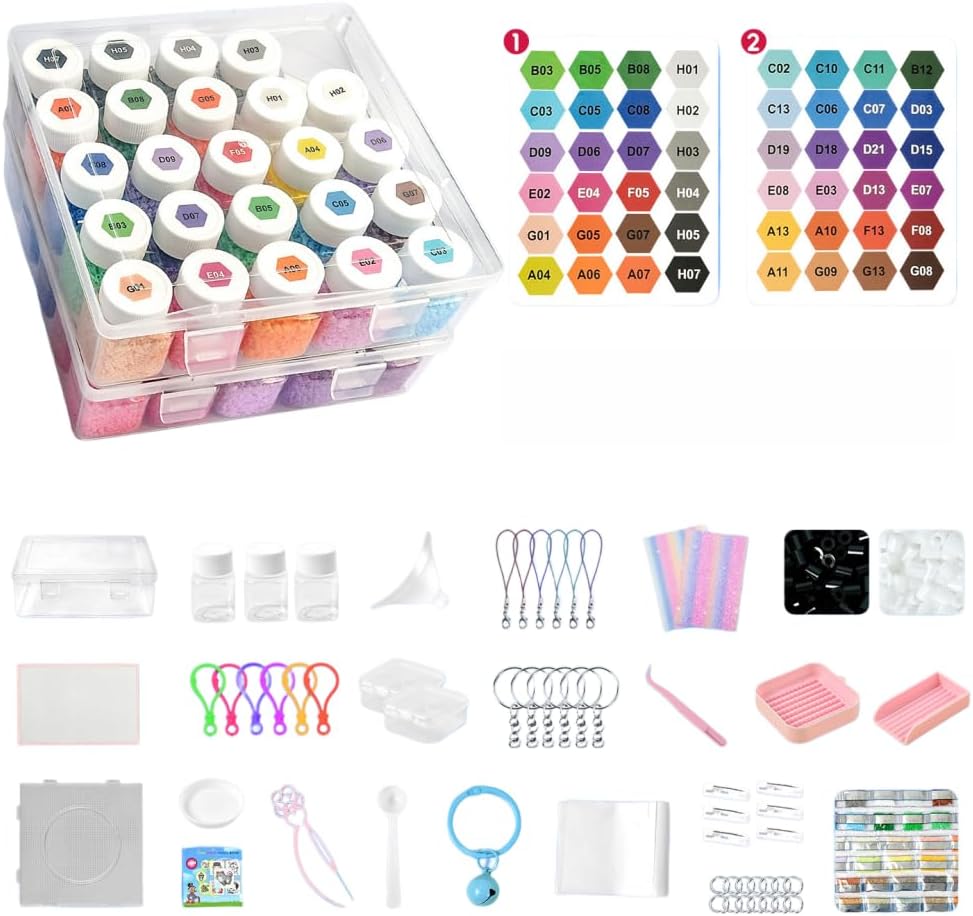 48 Colors DIY Bottled Fuse Beads Set, Premium Crafts Fusion Beads Kit with 2 Large Storage Boxes, Glitter Fabric, Ironing Paper & Tool Accessories for Handmade Arts Projects - High Fidelity Colors