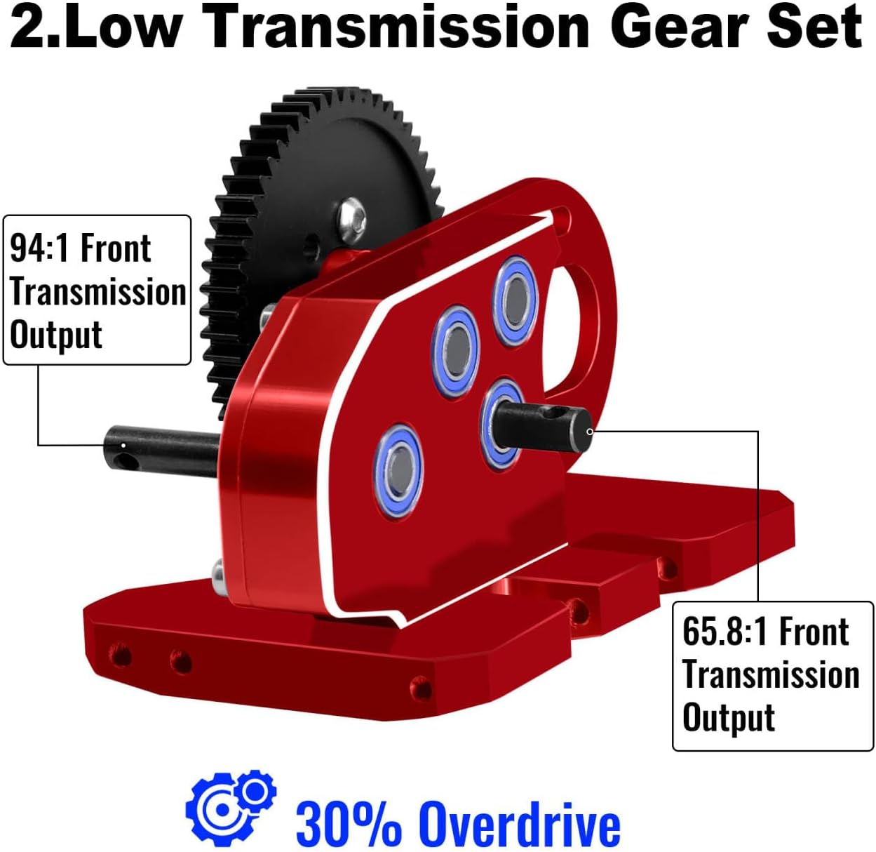 OGRC 2.Low Transmission 30% Overdrive Complete Gearbox with Skid Plate and 15T Motor Pinion for 1/10 Axial SCX10 I II RC Crawler Parts (Red)