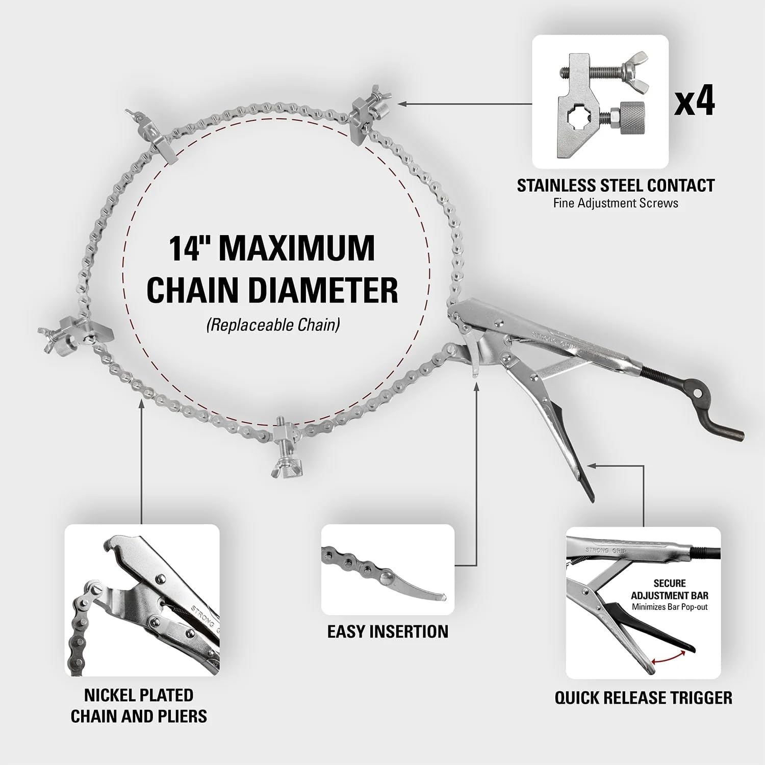 Strong Hand Tools, The Python, Pipe Alignment Chain Pliers, Adjustable Stainless-Steel Contacts, Replaceable Nickel Plated 48" Chain, 14" Max Diameter, PCA2048