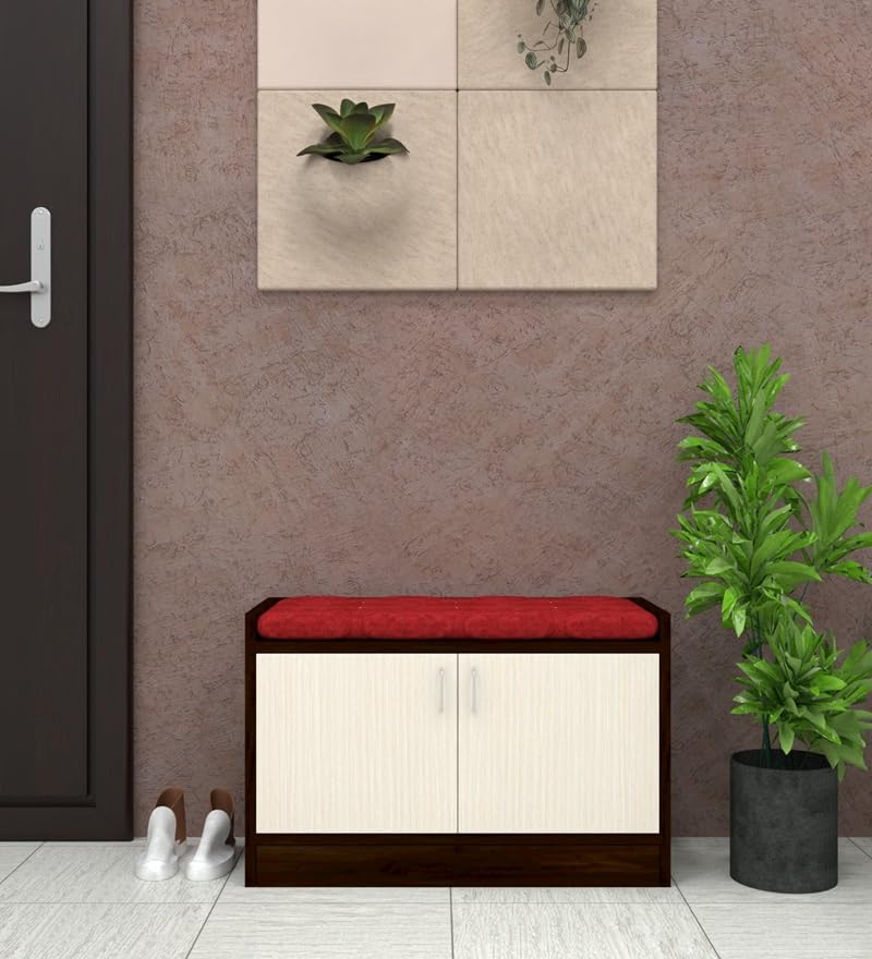 Image of SPECIALITY PANELS 2 Door Shoe Rack with Cushion | 2 Door Shoe Cabinet with Storage Bench | Shoe Organizer for Entryway Home Living Room | 75 x 49 x 37.5 cm Storage | DIY Assembly | Brown and White