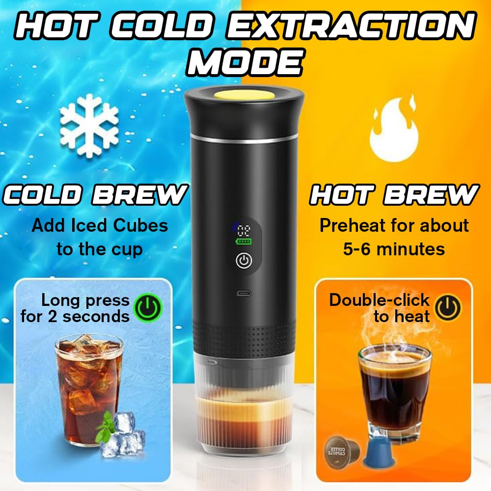 Cafetera Portatil 3 en 1, Cafetera Portatil Capsulas con Display de Temperatura, Batería Recargable USB-C 7500mAh, Máquina de Café Portátil para Cápsulas Pequeñas, Grandes y Café Molido