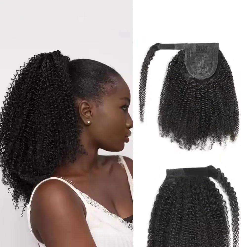 #1B Afro kręcone kucyk do owijania wokół włosów, 80 g/szt. Naturalnie wyglądające ludzkie włosy peruki (26 cali)