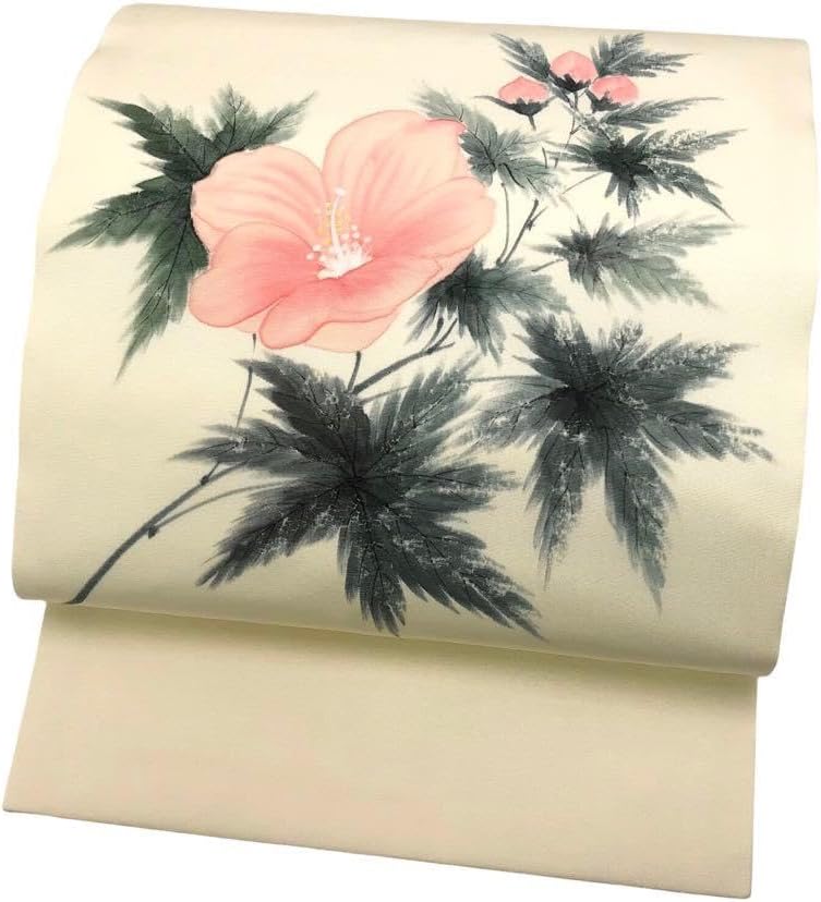 名古屋帯 作家物 塩瀬 手描き花模様 薄黄檗色 KO-1037