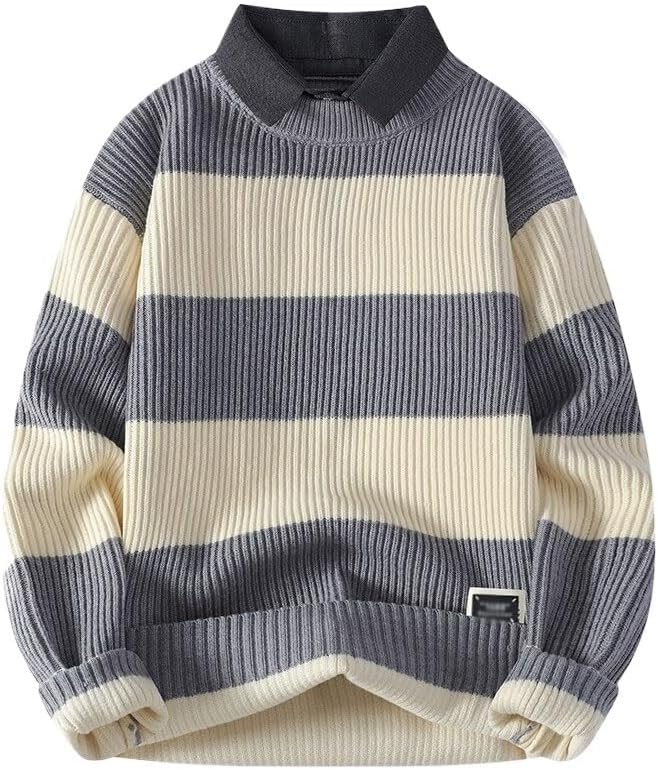 Winter Men's Fake Two Piece Shirt Collar Sweater Stripe Color Matching Casual Men