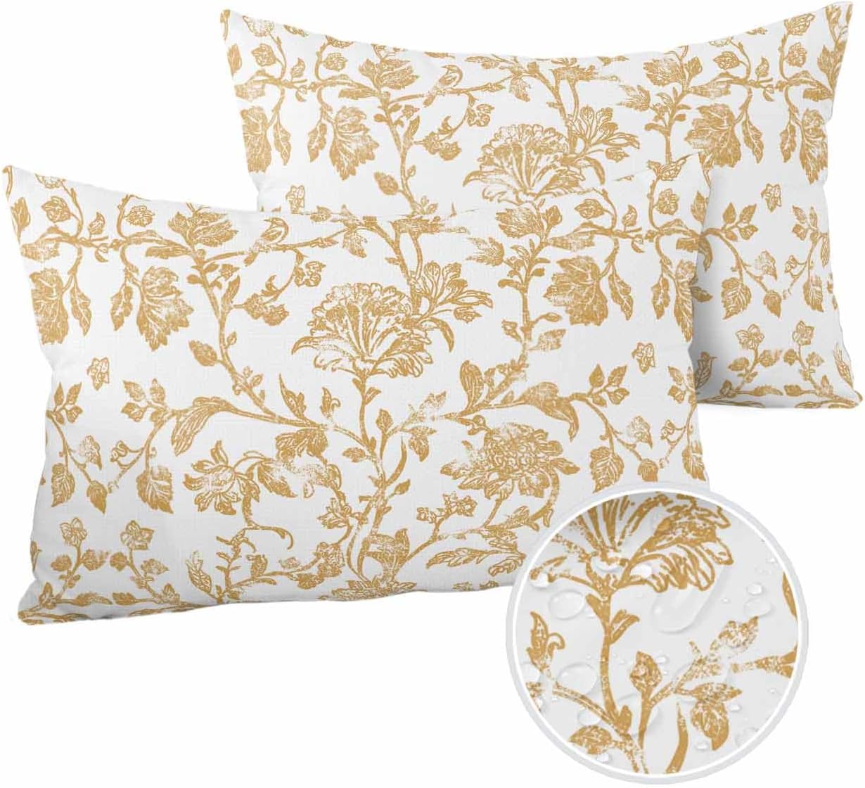 Outdoor Waterproof Pillow Covers French Country Retro Floral Decorative Throw Pillow Protectors, Ginger Seamless Flower Pillowcase Cushion Cases for Patio Sofa Garden Couch,20x12IN,Pack of 2