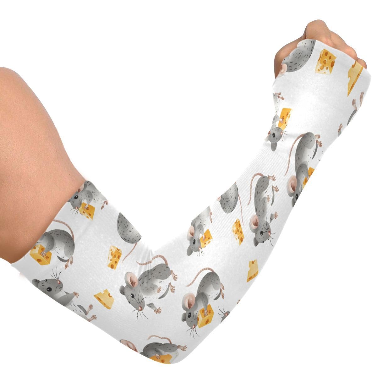 ALAZA Cute Mouse with Cheese Gardening Sleeves Cooling Arm Sleeves Sun Protection Thumb Hole Arm Covers for Women Men