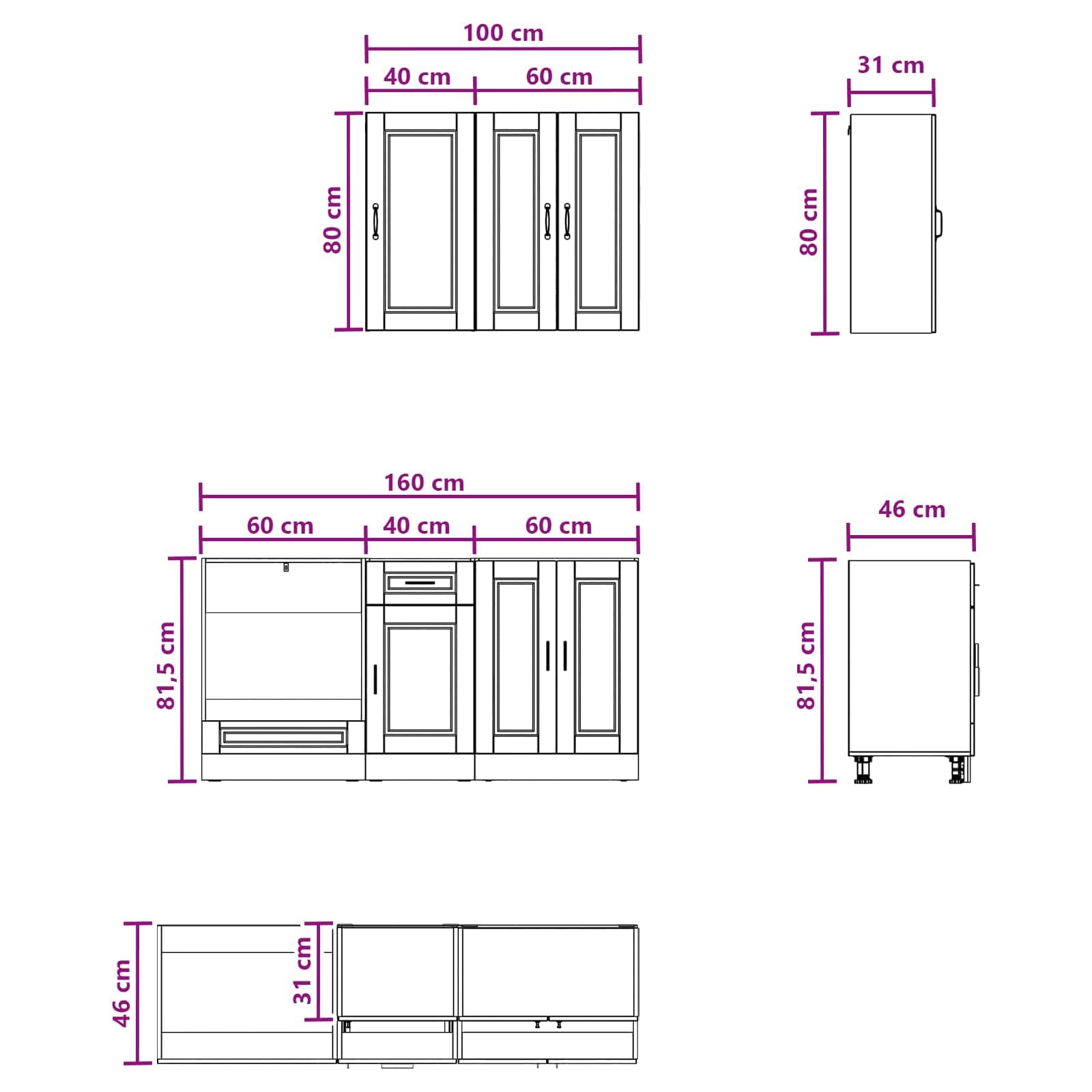 Küchenzeile Porto 5-teilig Küchenblock aus Holzwerkstoff, Moderne Miniküche Einbauküche Grau Sonoma, Küchenschrank Set mit Wand- und Unterschränken für Singleküche