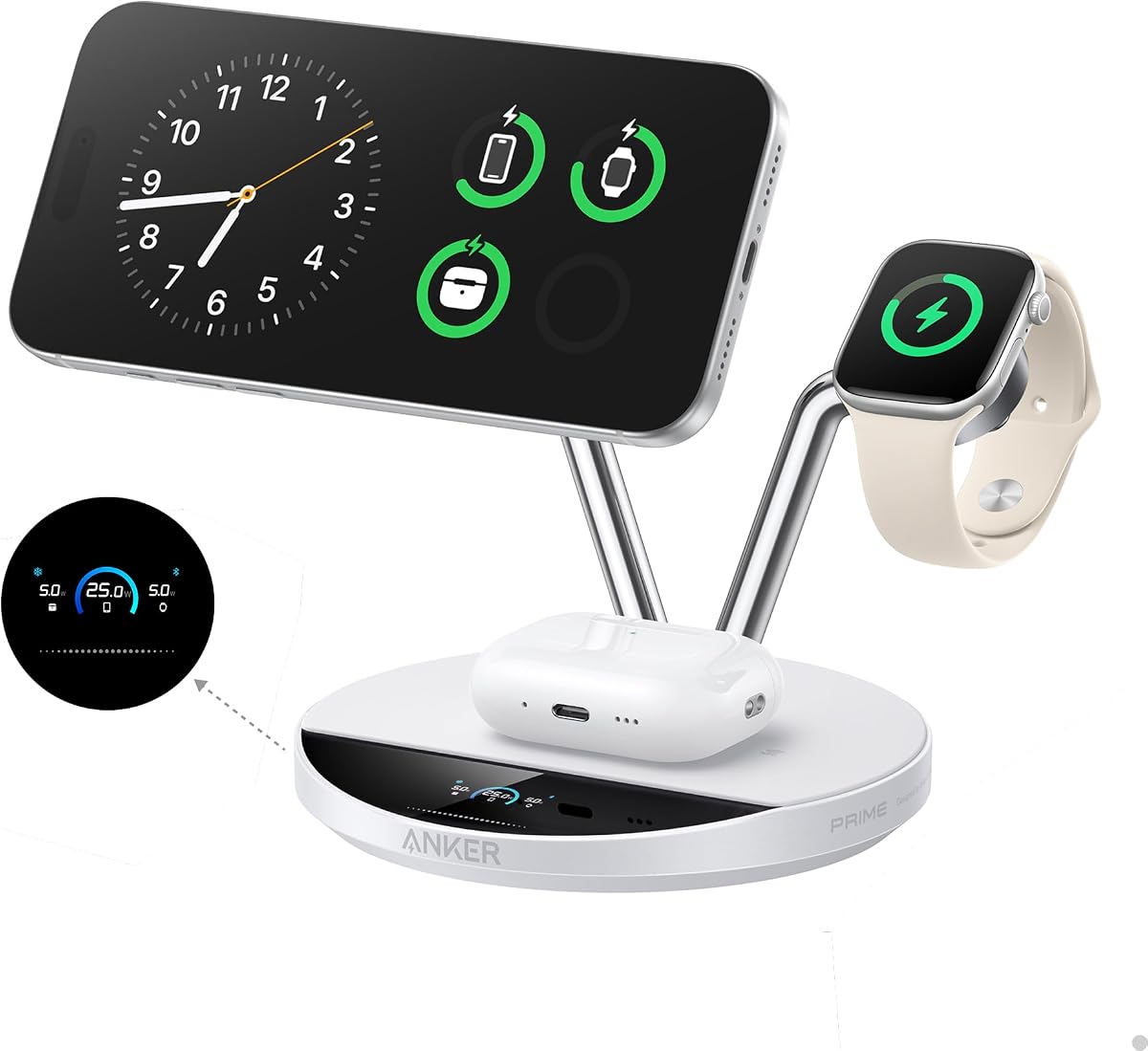 Prime 3-in-1 Qi2.2 MagSafe Compatible 25W Wireless Charging Station | Smart Display with TEC Active Cooling, for iPhone 17, Apple Watch, AirPods Pro, and More (Adapter Included)
