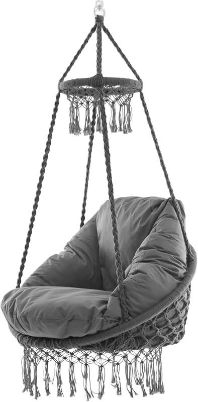 Vivere Deluxe Polyester Macrame Chair with Plush Cushion and Fringe (Fog Grey)
