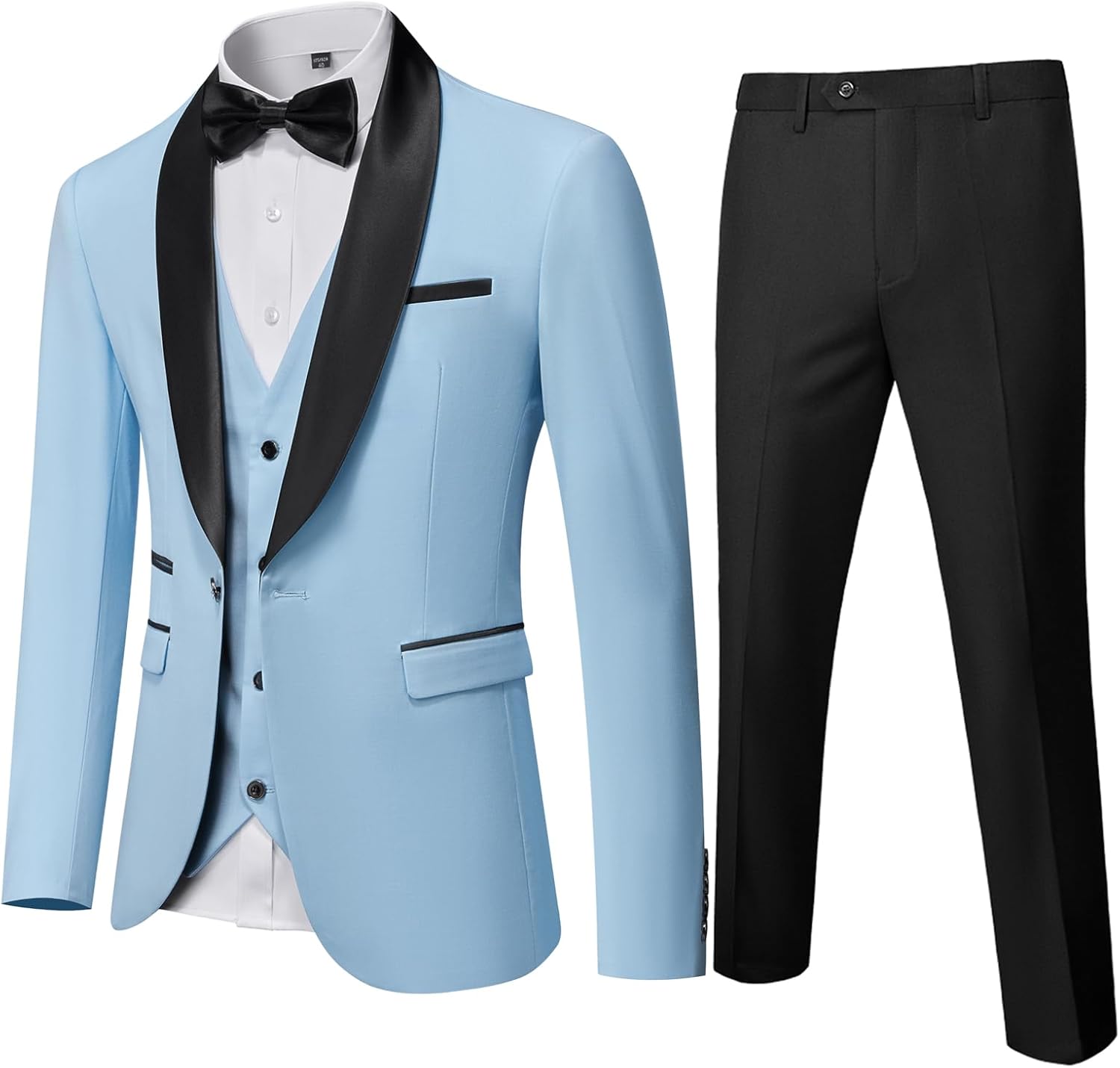 MY'S Mens 3 Piece Tuxedo Set with Bow Tie, Shawl Lapel One Button Jacket Vest & Pants, Slim Fit Suit Prom Party Wedding Tux