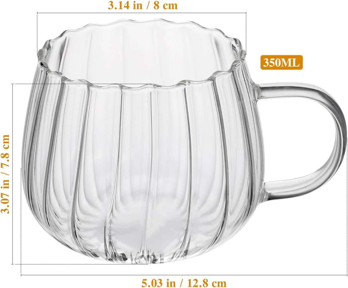 Zerodeko 15Oz Clear Glass Coffee Mugs Set of 2 Heat Resistant Pumpkin Shaped Cups with Handle for Tea Milk Breakfast and Home Decoration