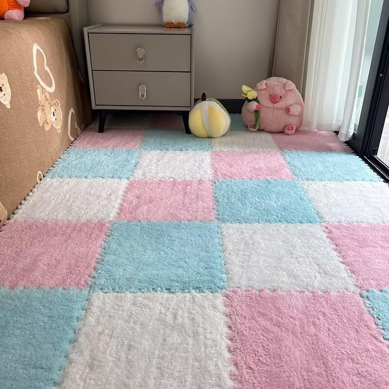 18pcs Plush Puzzle Foam Floor Mat, 11.8x11.8in Soft Anti-Slip Puzzle Area Rug Playmat for Room，Pink+Blue+White