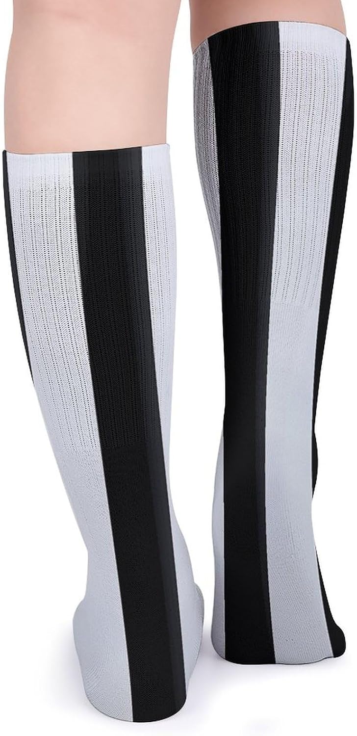 Breathable Crew Sock, Moisture Wicking, Athletic Calf Socks, Cozy | Black And-White Stripes Compression Socks for Women Men, Lightweight High Work Socks for Business, Casual