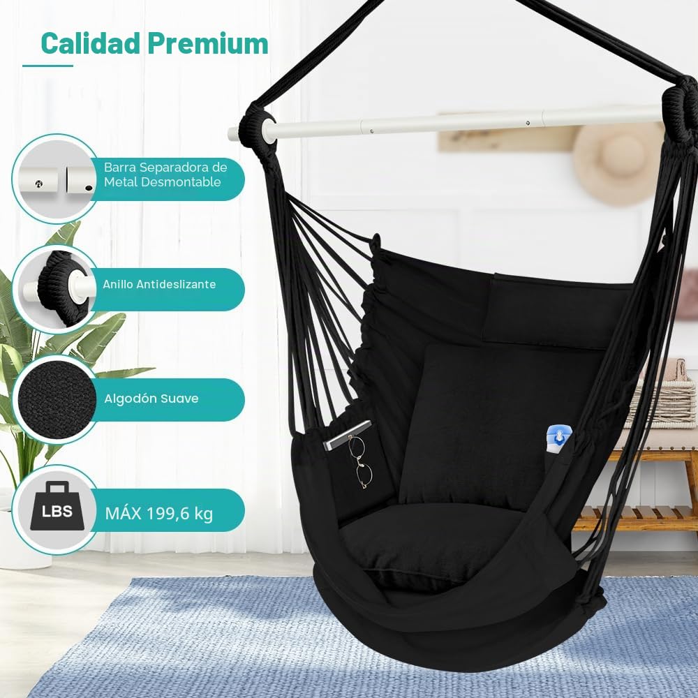 Silla Colgante para Exterior & Interior, Silla Hamaca Colgante con 3 Cojines y Soporte para Reposapiés para Jardin, Terraza, Balcón, Dormitorio, Ofi, Capacidad de Carga de 200kg