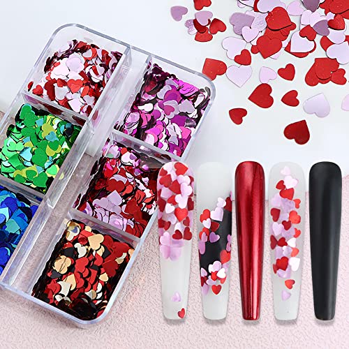 Valentine's Day Nail Art Glitters 3D Holographic Red Heart Nail Glitter Sequins Valentine's Day Nail Stickers Decals Sparkly Heart Nail Confetti Flakes For Women Girls Acrylic Nails Art Design 6 Grids #TOP1