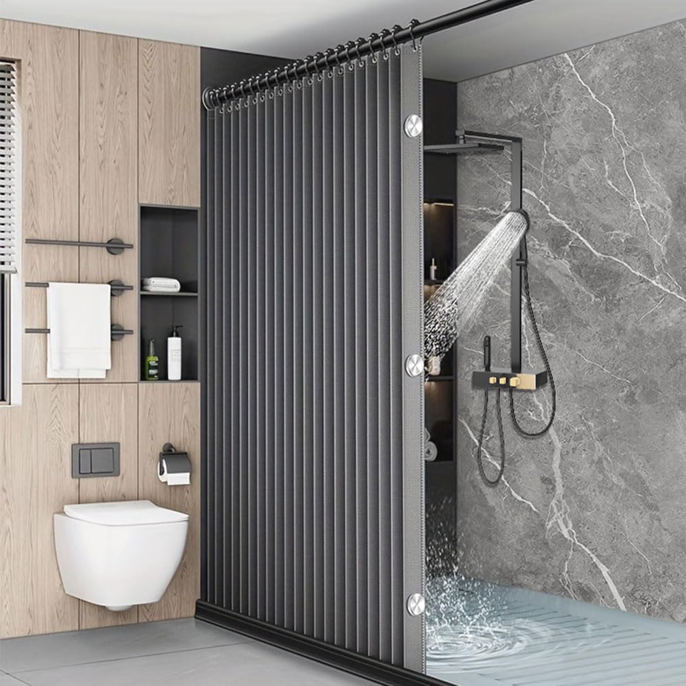 Magnetic Folding Shower Curtain, Waterproof Heavy Duty Linen Shower Curtain, Fast Closing, Acordion Bathroom Curtains Set Suitable for Bathtubs, Hotels or Apartments, 70" W x 78" L