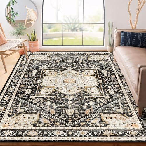 MUJOO Black Rug Washable 6x9 Area Rugs Low Pile Non Slip Boho Large