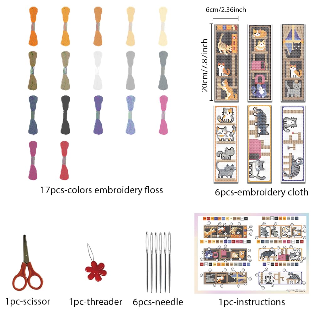 FREEBLOSS 6 Set Cross Stitch Bookmark Kits Bookmark Embroidery Kit Counted Crossstitch Projects Cat and Book Pattern Cross Stitch Bookmarks Cross Stitch Kit for Beginners Adults, Small, Brown