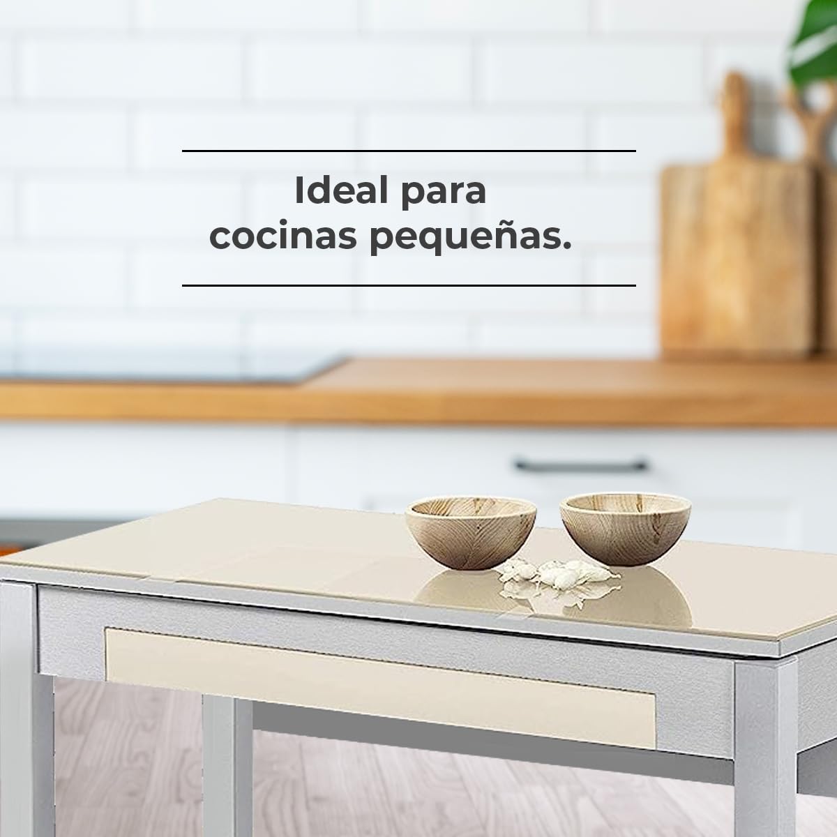 Mesa de Cocina Extensible 1 ala caída - 80x40 cm (80x60 cm) - Estructura y ala caída Color Aluminio - Tapa Cristal Color Beige