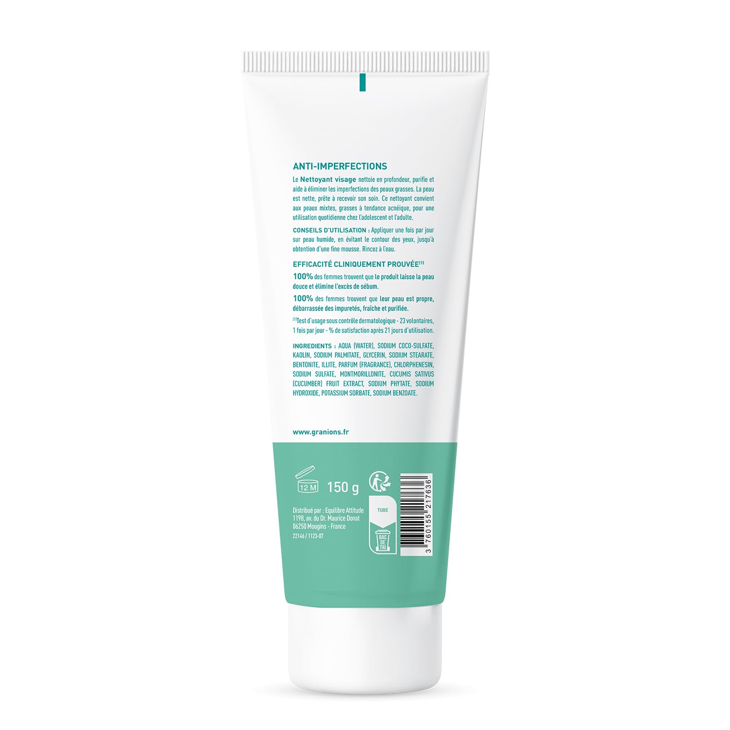 GRANIONS Nettoyant Visage Anti Imperfections - Nettoie, Hydrate & Purifie | Elimine les Impuretés & l’Excès de Sébum - Argile Verte, Argile Blanche, Vitamine C - Pour l'Acne - Résultats Prouvés - 150g