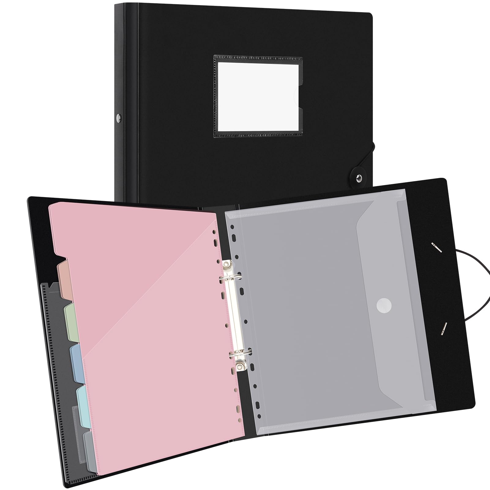 Uquelic A4 Ring Binder Organiser with 12 Punched Slash Pockets (Macaron Colour) and 1 Popper Wallet – Folders for Paperwork A4, Folder Organiser for Home Office – Black