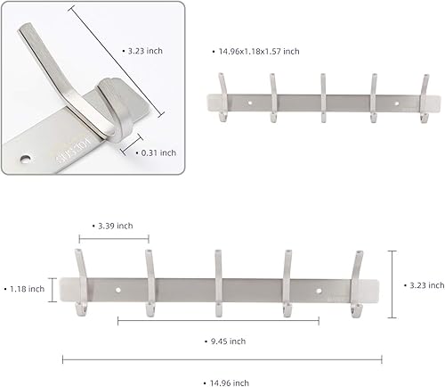 Miniatura 5 de Perchero montado en la pared, toalleros plateados de acero inoxidable con 5 ganchos para baño, cocina, puerta de dormitorio