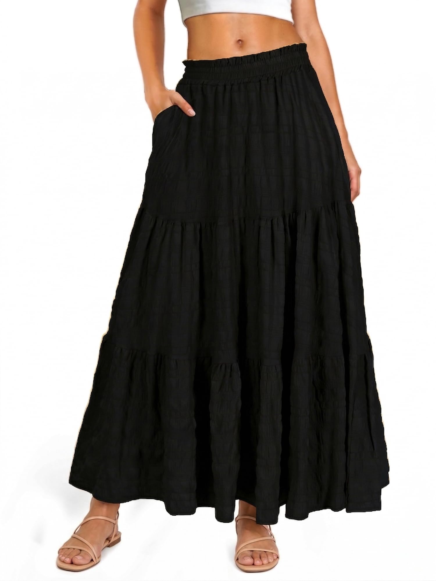 Cossoul Women’s Boho Maxi Skirt Elastic High Waist A Line Flowy Ruffle Spring Beach Long Skirt with Pockets