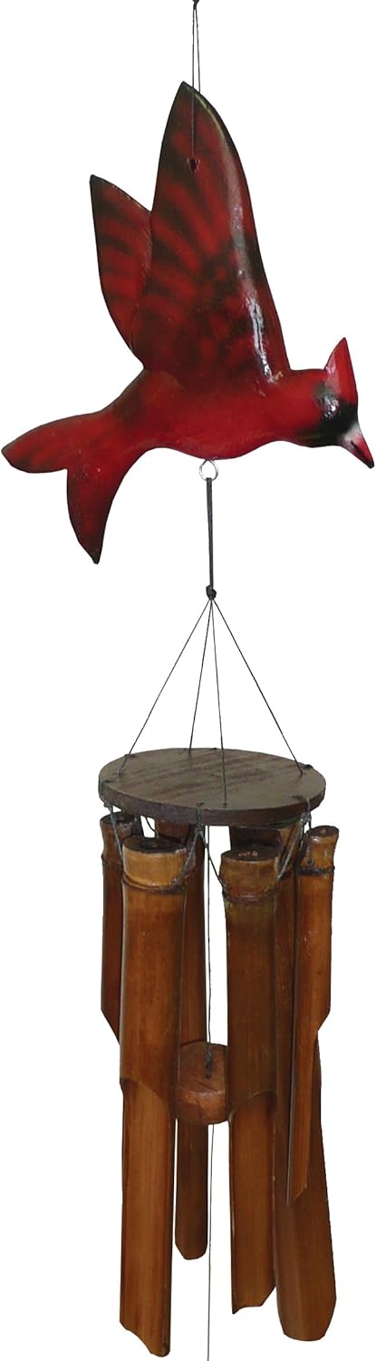 Cohasset Gifts Bamboo Wind Chime | #187C | Carved Flat Cardinal Bamboo Wind Chime | Wood, Outdoor, Home Décor for Decks, Garden, Porch | Bright Red Finish |
