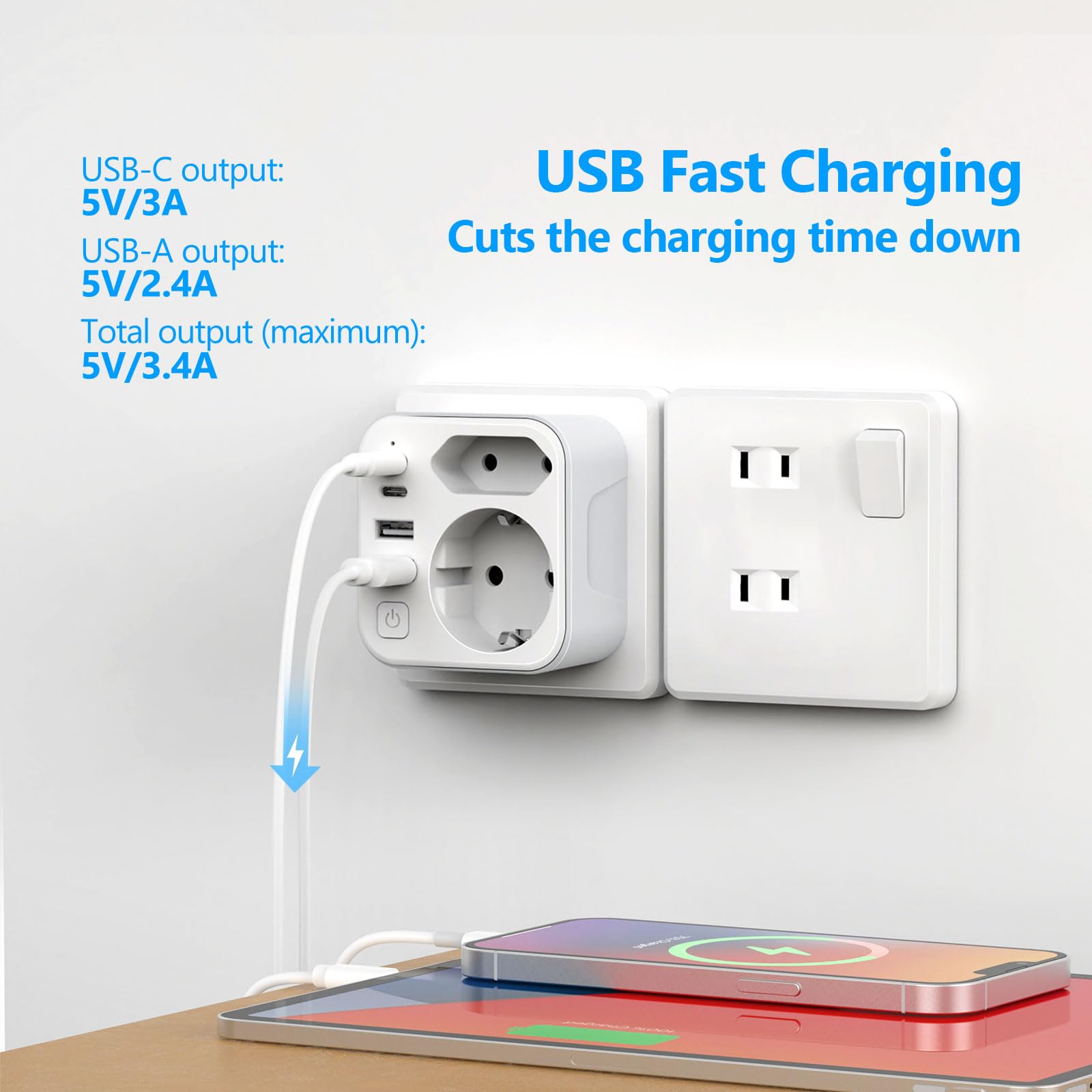 JSVER Adaptador de Viaje para Japón, Enchufe de Viaje Bidireccional con 4 Puertos USB (2 A y 2 C), Adaptador Compacto Tipo A para Conectar Desde España a Japón,EE. UU.,México,Canadá(Blanco) — view 3