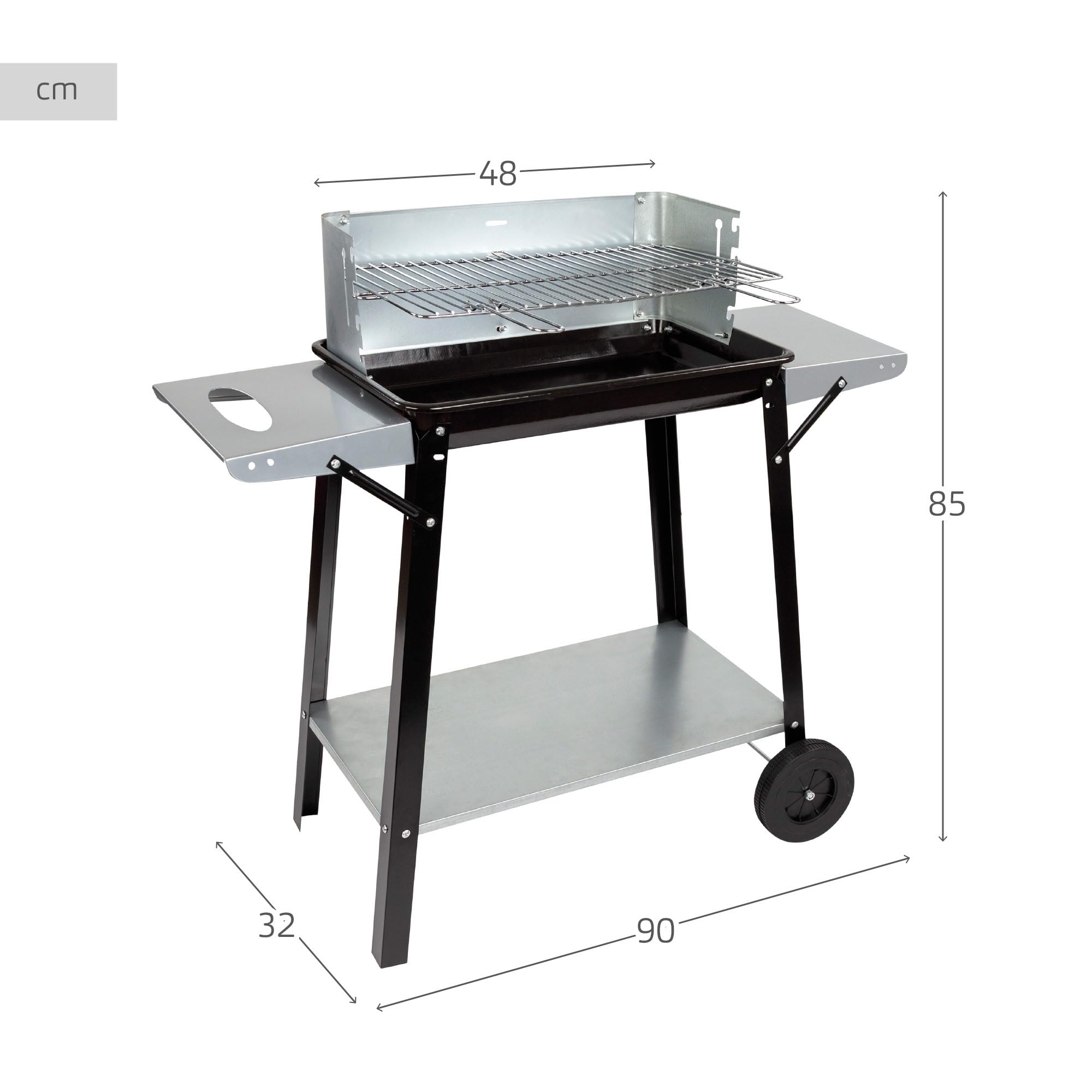 Aktive 52973 - Barbacoa carbón y leña 90x32x85 cm con control de temperatura y dos mangos extraíbles, 4 alturas regulables, 2 ruedas y asa de transporte, Fácil y rápida de montar