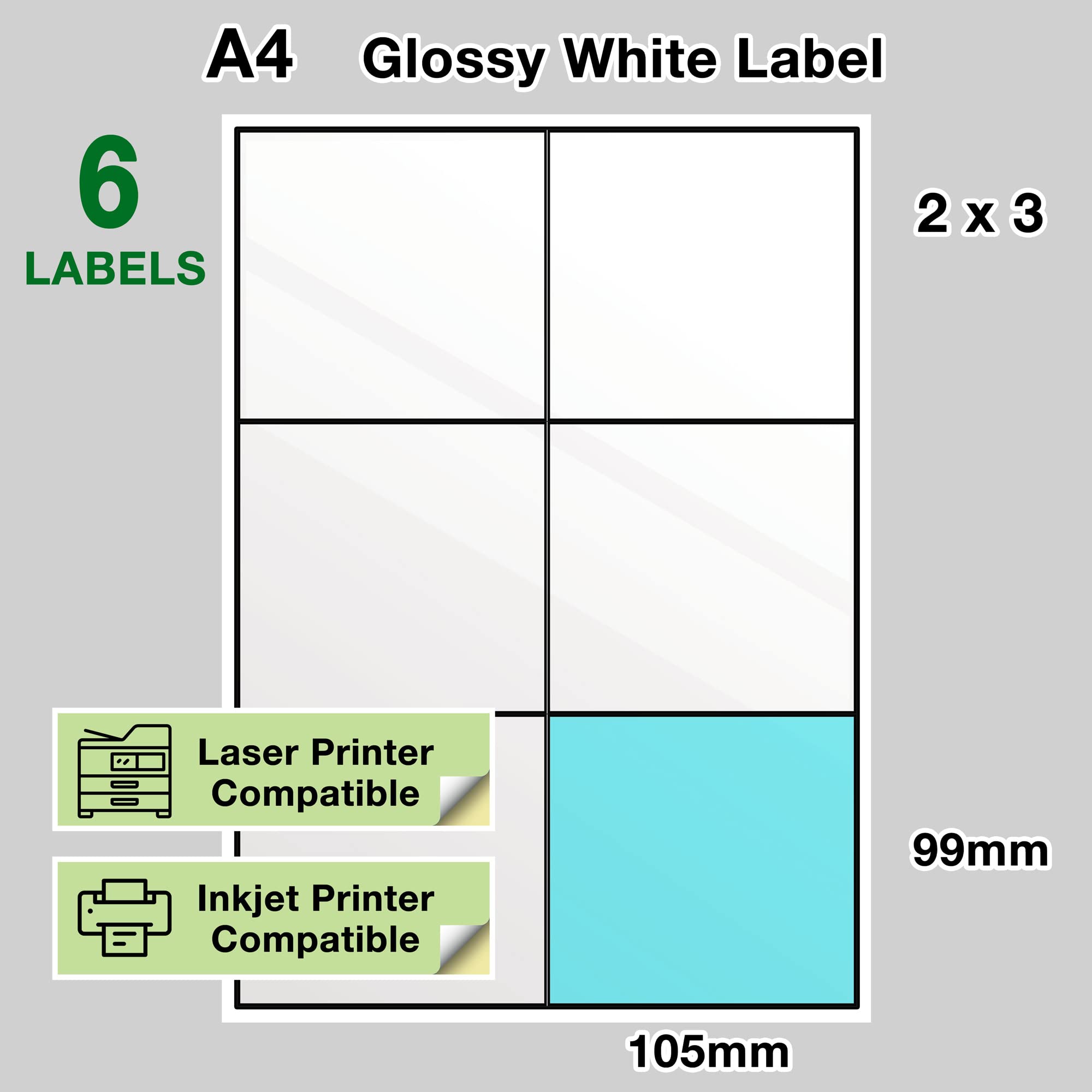 Evergreen Goods Precut Glossy White Sticky Back Address Etykiety wysyłkowe | Mocny samoprzylepny papier do drukowania pocztowego, druk atramentowy i laserowy, 2 x 3, 6 na A4: łącznie 1800 etykiet, 300 arkuszy