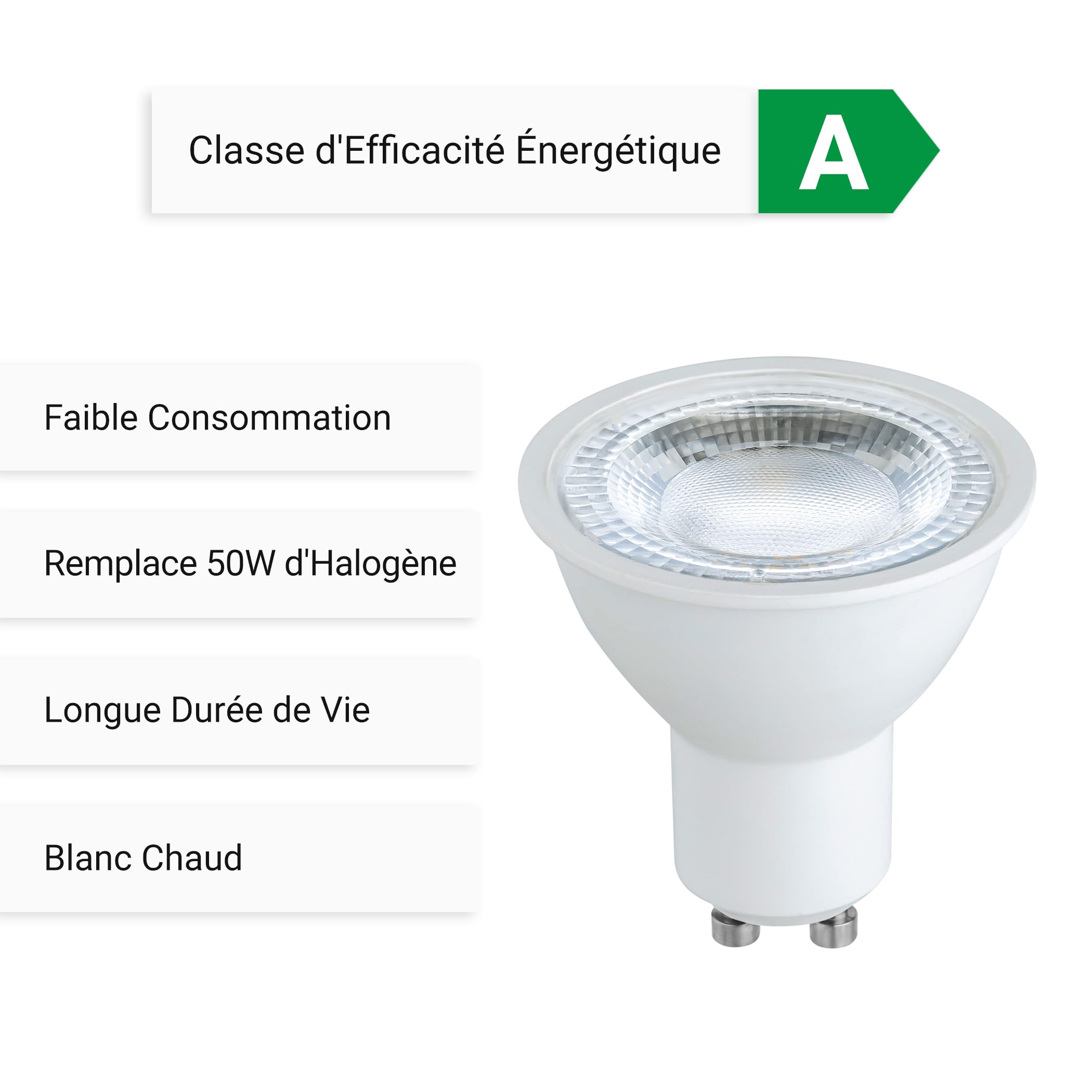 SEBSON Ampoule GU10 LED 3000K Blanc Chaud 2,5W 450lm Classe A | Classe d'Efficacité Énergétique A, Remplace 50W Halogène, Ampoule GU10 90°, Spot Encastré 230V ø50x53mm, Lot de 10