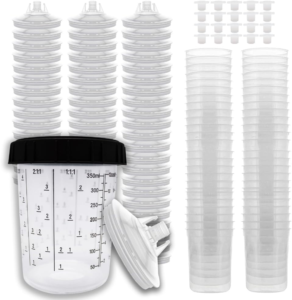 LAUCO Disposable Paint Spray Gun Cups (125 Mic) 50 Lids 50 Liners 1 Hard Cup 1 Collar and 20 Cup Sealing Plugs Compatible with Original 1.0 System (not 2.0) (400ml/13.5oz) 25983