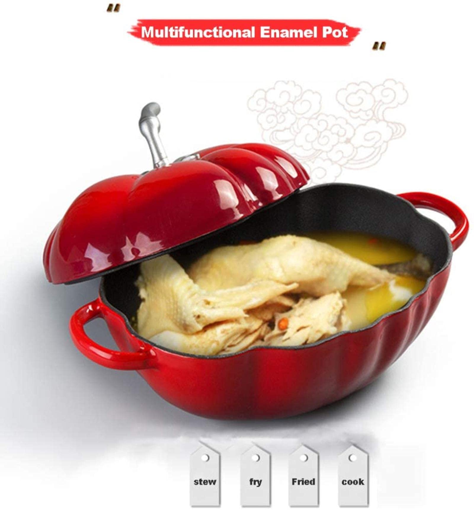 Olla de Esmalte de Tomate Cazuela de Hierro Fundido para Horno holandés Olla de Sopa de Fondo Plano Espesada con Tapa, Saludable y Duradera, Adecuada para
