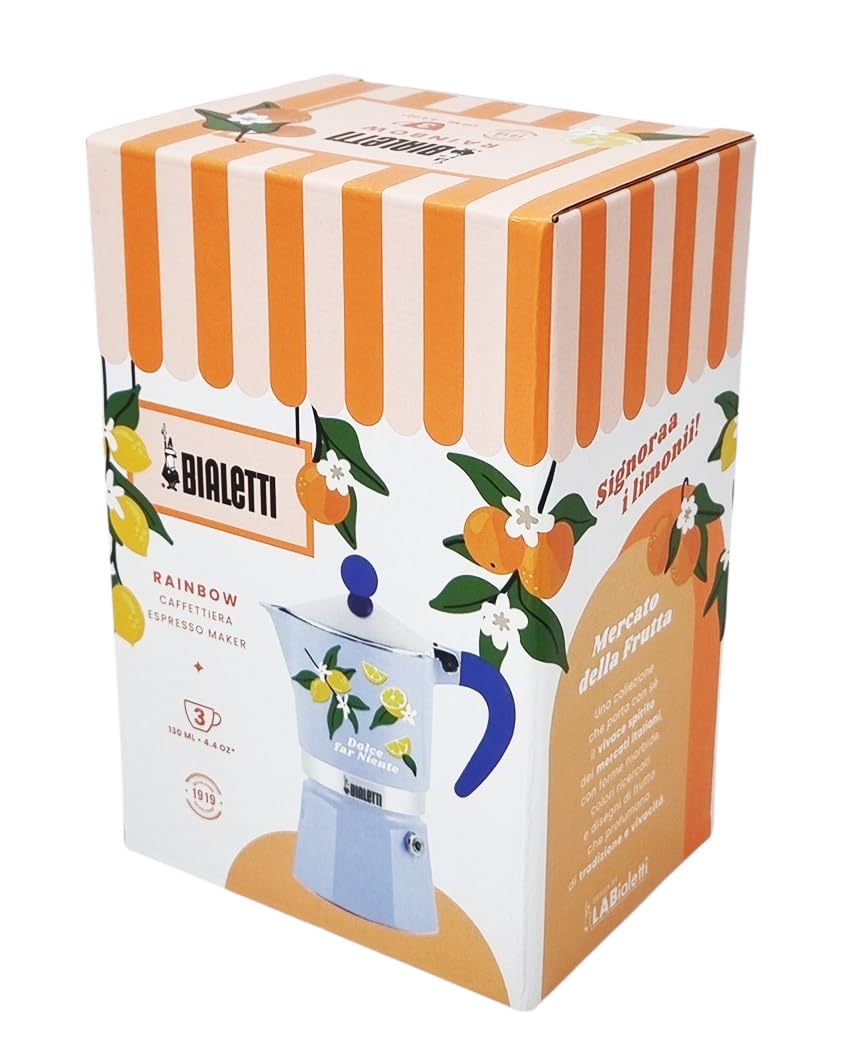 Bialetti Cafetière Moka Rainbow Dolce Far Niente 3 Tasses Bleue avec Citrons en Aluminium 130 ml Manuelle Préparation de Café Expresso