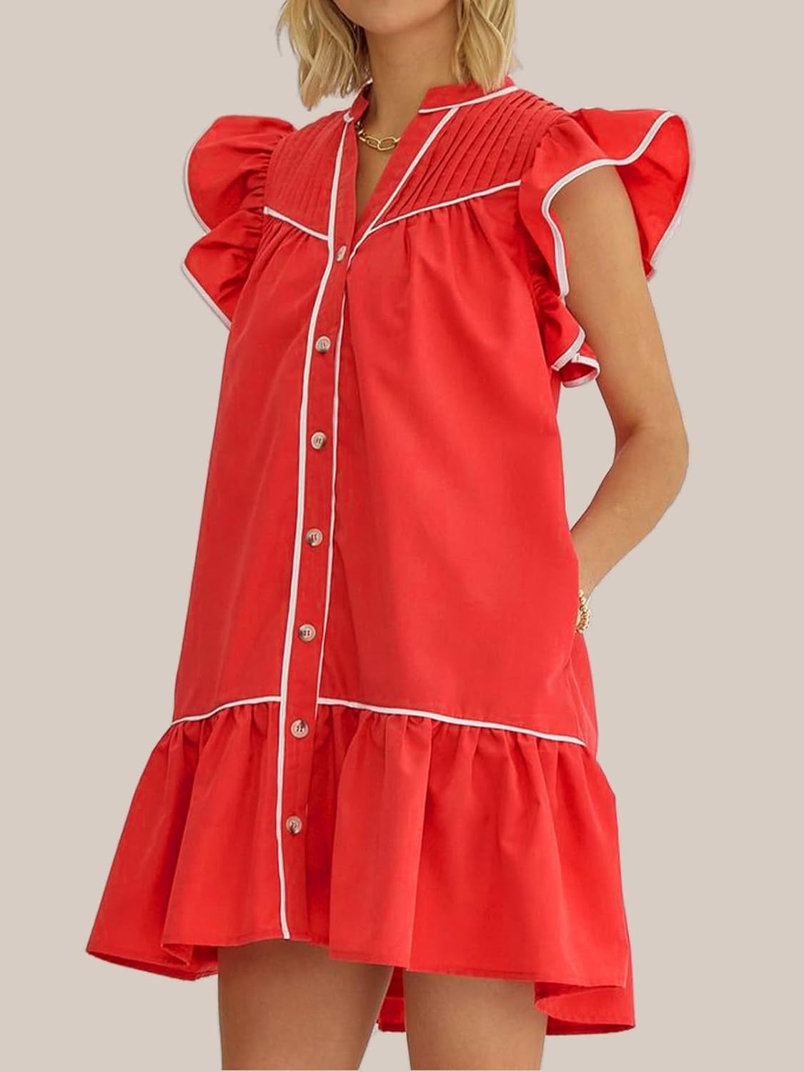 Women's Button Down Ruffle Cap Sleeve Mini Dress V Neck A Line Flowy Babydoll Short Dresses with Pockets - Image 4